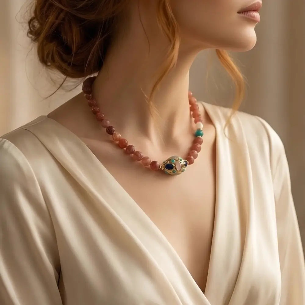 Angelite beaded statement necklace with dusty rose angelite stones, baroque pearl pendant and turquoise accents in gold setting